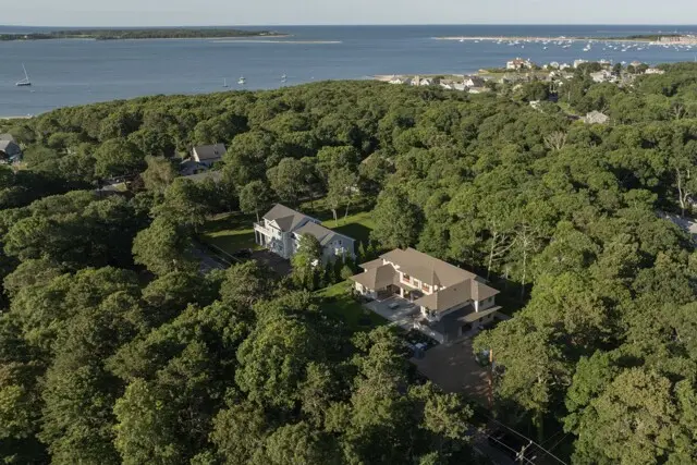 Aerial view of a tree-filled residential area with two large houses among green yards, overlooking a coastline with boats in the distance.