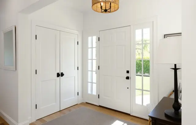 Bright entryway with white doors, a glass-panel door, a woven pendant light, and a gray rug over light wood flooring. Natural light through windows.